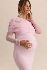 Ianthe | Light Pink Asymmetric-Neck Maternity Maxi Dress With Mesh Long Sleeves