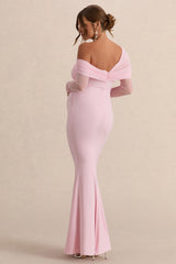 Ianthe | Light Pink Asymmetric-Neck Maternity Maxi Dress With Mesh Long Sleeves