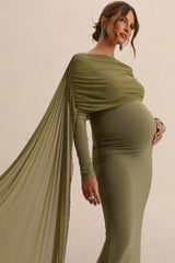 Annelia | Olive High-Neck Maternity Maxi Dress With Sash Detail