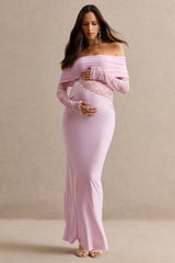 Artemisia | Light Pink Bardot-Neck Maternity Maxi Dress With Lace Detailing