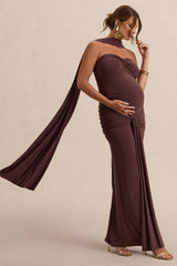 Faustina | Dark Brown Bandeau-Neck Maternity Maxi Dress With Scarf Detail And Gathered Detailing