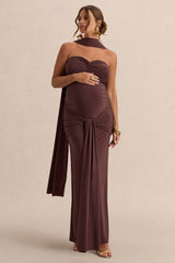 Faustina | Dark Brown Bandeau-Neck Maternity Maxi Dress With Scarf Detail And Gathered Detailing