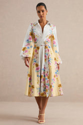 Moira | Lemon Floral Midi Dress With Bell Sleeves