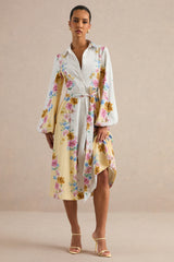 Moira | Lemon Floral Midi Dress With Bell Sleeves