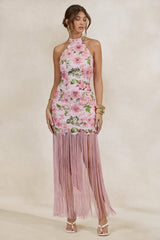 Lerisa | Pink Floral Print Lace Halter-Neck Fringed Maxi Dress