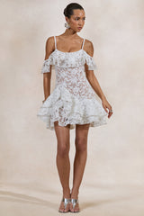Lyris | White Lace Scoop-Neck Mini Dress With Ruffled Detailing