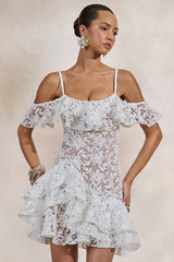 Lyris | White Lace Scoop-Neck Mini Dress With Ruffled Detailing