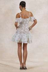 Lyris | White Lace Scoop-Neck Mini Dress With Ruffled Detailing