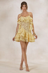 Lyris | Lemon Lace Scoop-Neck Mini Dress With Ruffled Detailing