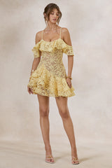 Lyris | Lemon Lace Scoop-Neck Mini Dress With Ruffled Detailing