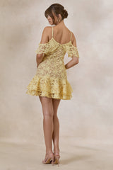 Lyris | Lemon Lace Scoop-Neck Mini Dress With Ruffled Detailing
