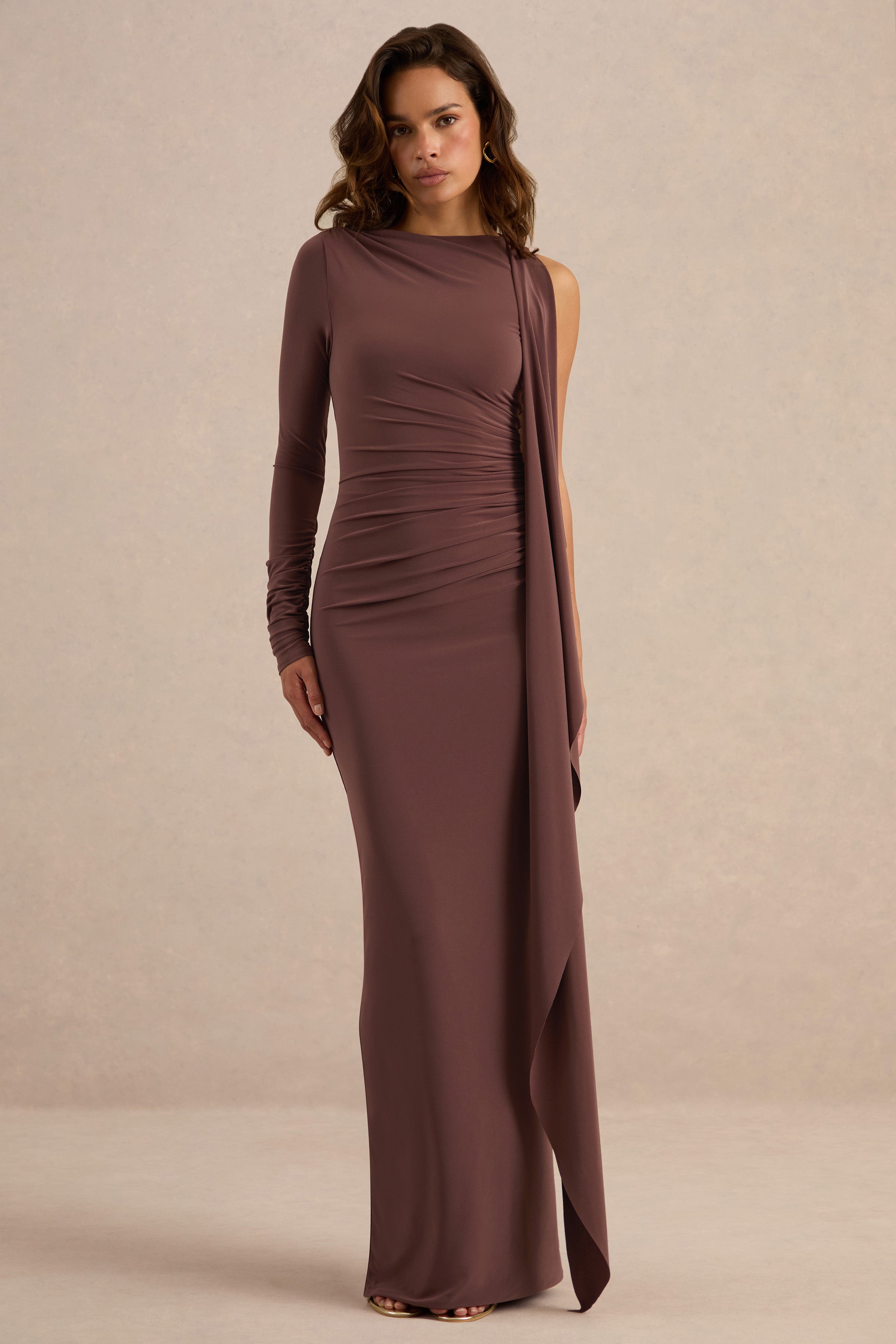Epona | Dark Brown Wide-Neck Maxi Dress With One-Long Sleeve And Sash-Detail