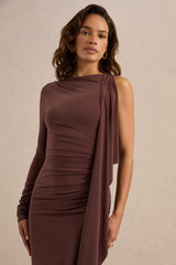 Epona | Dark Brown Wide-Neck Maxi Dress With One-Long Sleeve And Sash-Detail