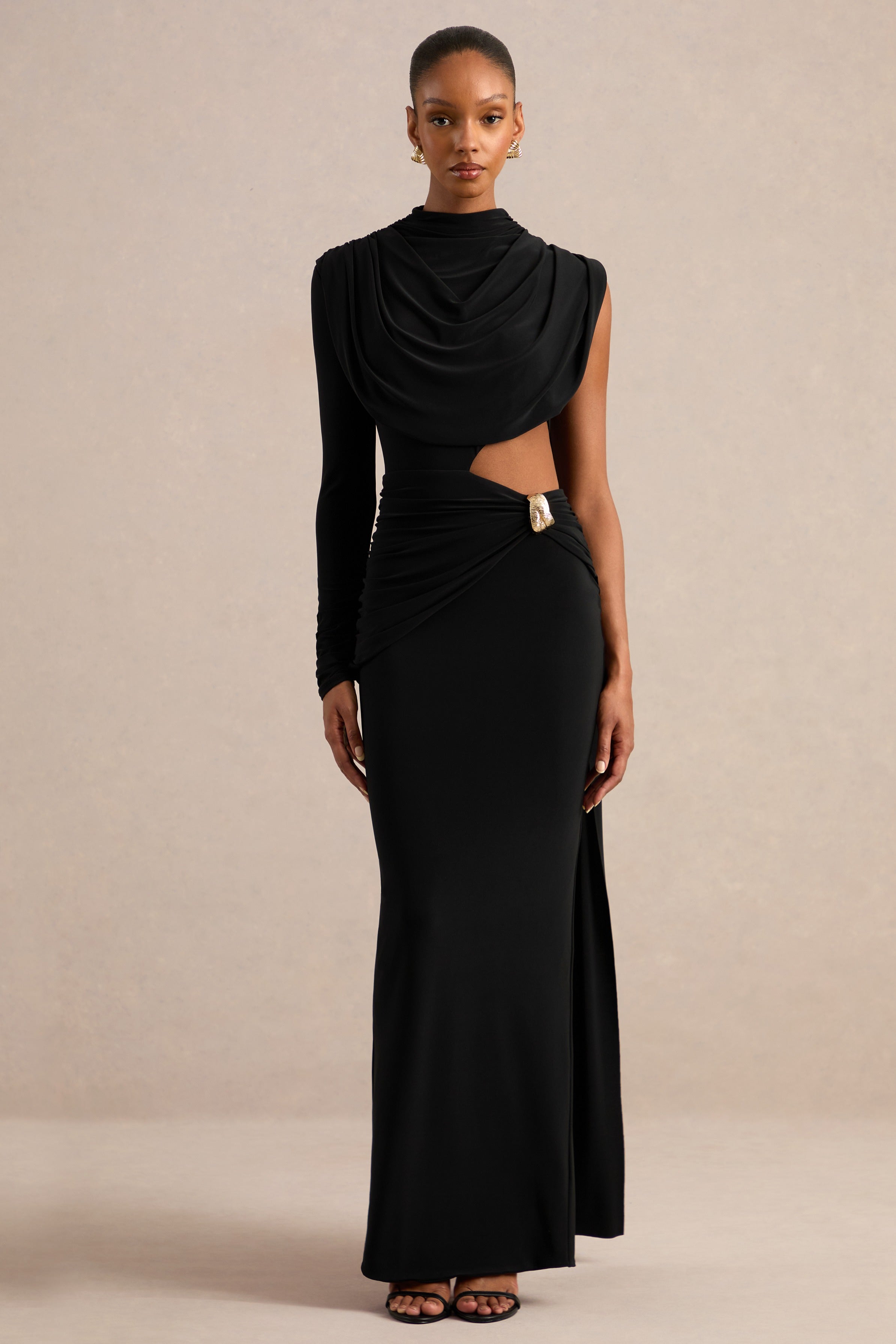 Esmaria | Black High-Neck Maxi Dress With Gold Detail And Sash