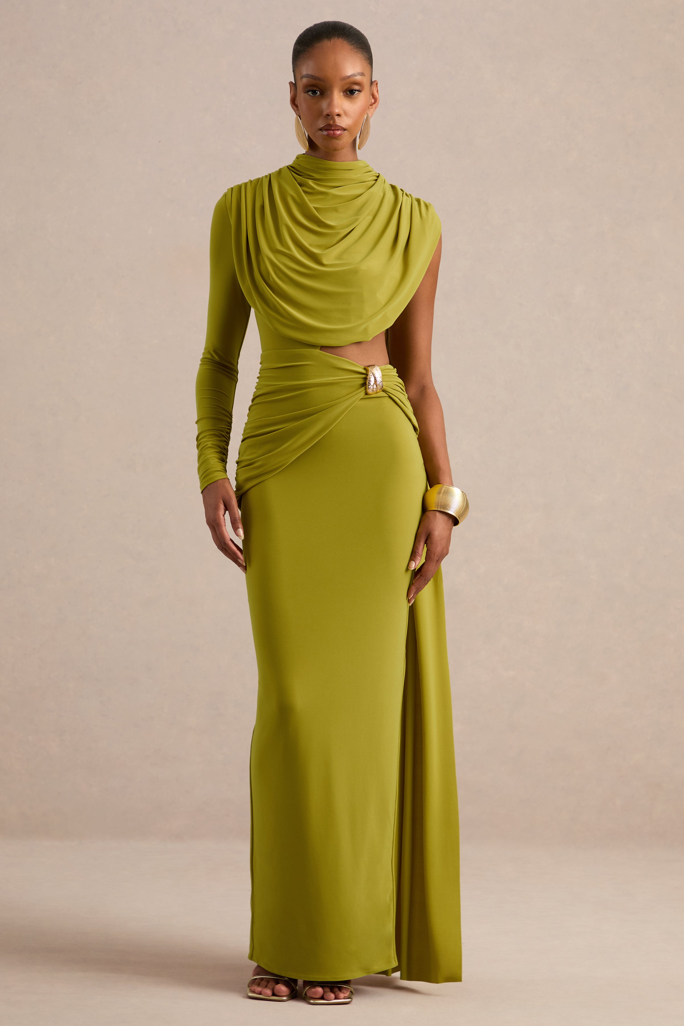 Esmaria | Olive High-Neck Maxi Dress With Gold Detail And Sash