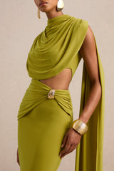 Esmaria | Olive High-Neck Maxi Dress With Gold Detail And Sash