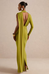 Esmaria | Olive High-Neck Maxi Dress With Gold Detail And Sash