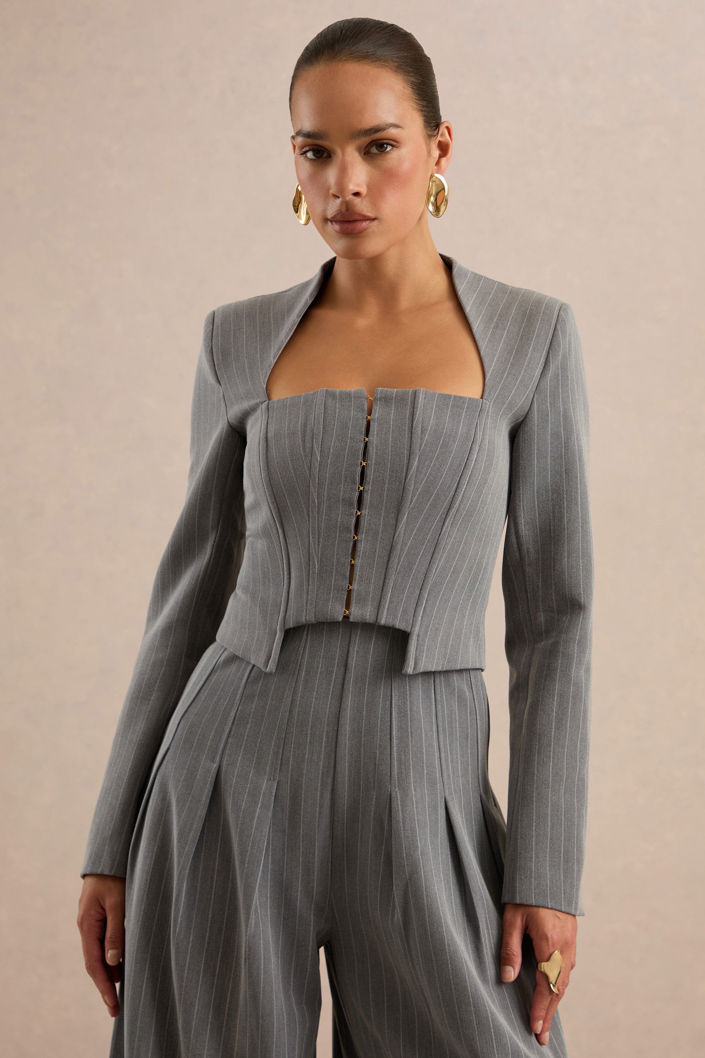 Genara | Grey Pinstripe Square-Neck Tailored Top