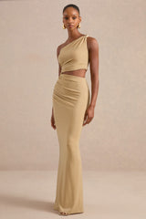 Andela | Gold Metallic Asymmetric-Neck Maxi Dress With Cut-Outs And Gold Detail