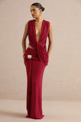 Lilias | Red Maxi Skirt With Draped Detailing And Gold Detail