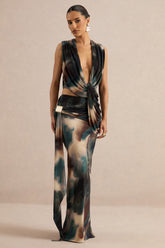 Lilias | Black And Blue Ombre Print Maxi Skirt With Draped Detailing