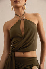Liviana | Khaki Halter-Neck Top With Sash Detailing And Gold Detail