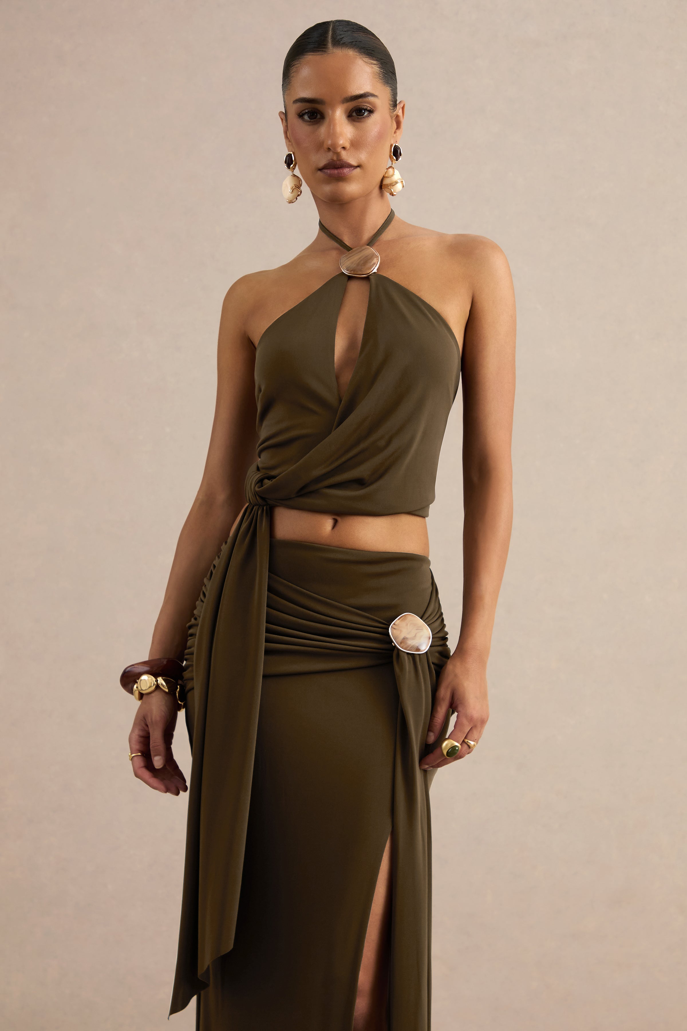 Liviana | Khaki Halter-Neck Top With Sash Detailing And Gold Detail