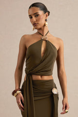 Liviana | Khaki Halter-Neck Top With Sash Detailing And Gold Detail