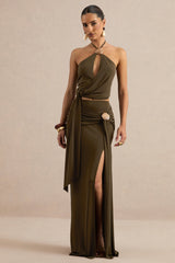 Liviana | Khaki Maxi Skirt With Gathered Detailing And Gold Detail