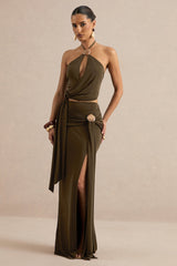 Liviana | Khaki Maxi Skirt With Gathered Detailing And Gold Detail