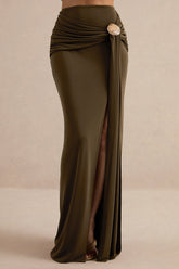 Liviana | Khaki Maxi Skirt With Gathered Detailing And Gold Detail