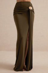 Liviana | Khaki Maxi Skirt With Gathered Detailing And Gold Detail