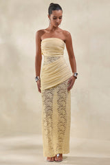 Lalita | Lemon Lace And Satin Bandeau Maxi Dress With Wrap-Details