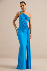 Maelys | Blue Asymmetric-Neck Maxi Dress With Body Cut-Outs And Gold Detailing