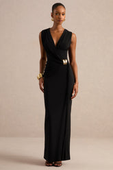 Nalina | Black Plunge-Neck Maxi Dress With Gathered Detailing And Gold Detail