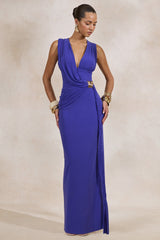 Nalina | Blue Plunge-Neck Maxi Dress With Gathered Detailing And Gold Detail