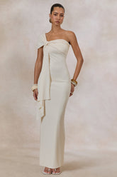 Airi | Cream Asymmetric-Neck Maxi Dress With Gathered Detailing And Sash