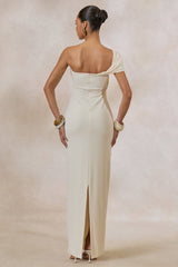 Airi | Cream Asymmetric-Neck Maxi Dress With Gathered Detailing And Sash