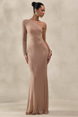 Laurine | Nude Hotfix Asymmetric-Neck Maxi Dress