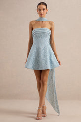 Elvara | Light Blue Lace Bandeau-Neck Mini Dress With Scarf Detail