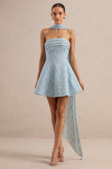 Elvara | Light Blue Lace Bandeau-Neck Mini Dress With Scarf Detail