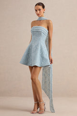 Elvara | Light Blue Lace Bandeau-Neck Mini Dress With Scarf Detail