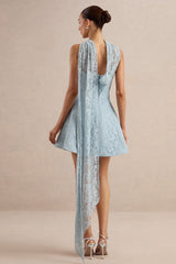 Elvara | Light Blue Lace Bandeau-Neck Mini Dress With Scarf Detail