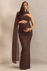 Ottoline | Dark Brown Hotfix Asymmetric-Neck Maternity Maxi Dress With Sheer Cape Detail
