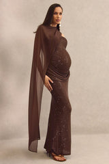 Ottoline | Dark Brown Hotfix Asymmetric-Neck Maternity Maxi Dress With Sheer Cape Detail