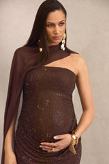 Ottoline | Dark Brown Hotfix Asymmetric-Neck Maternity Maxi Dress With Sheer Cape Detail