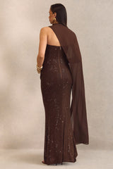 Ottoline | Dark Brown Hotfix Asymmetric-Neck Maternity Maxi Dress With Sheer Cape Detail