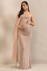 Ottoline | Champagne Hotfix Asymmetric-Neck Maternity Maxi Dress With Sheer Cape Detail