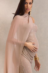 Ottoline | Champagne Hotfix Asymmetric-Neck Maternity Maxi Dress With Sheer Cape Detail