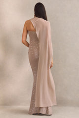 Ottoline | Champagne Hotfix Asymmetric-Neck Maternity Maxi Dress With Sheer Cape Detail